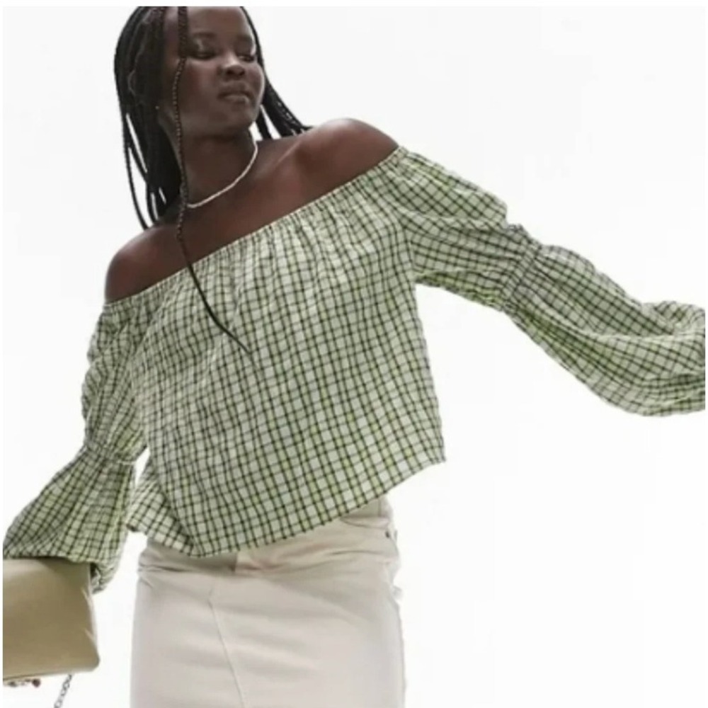 Topshop Lime Green Plaid Off The Shoulder Puff Sleeve Crop Top US 2 NEW